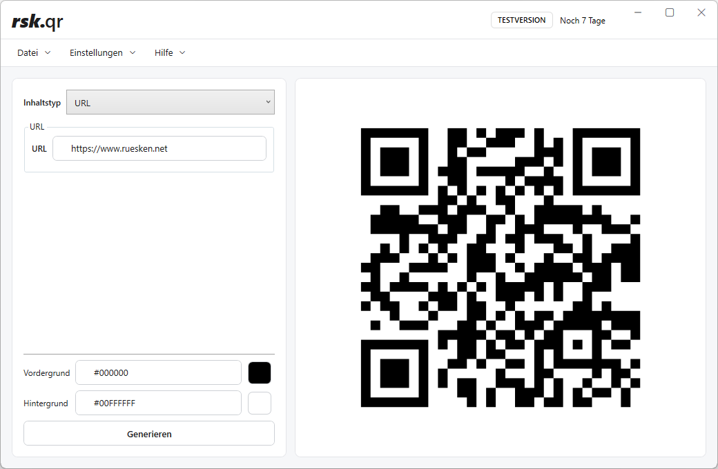 Hauptfenster von rsk.qr 2 mit Eingabefeldern und großer QR-Code-Vorschau