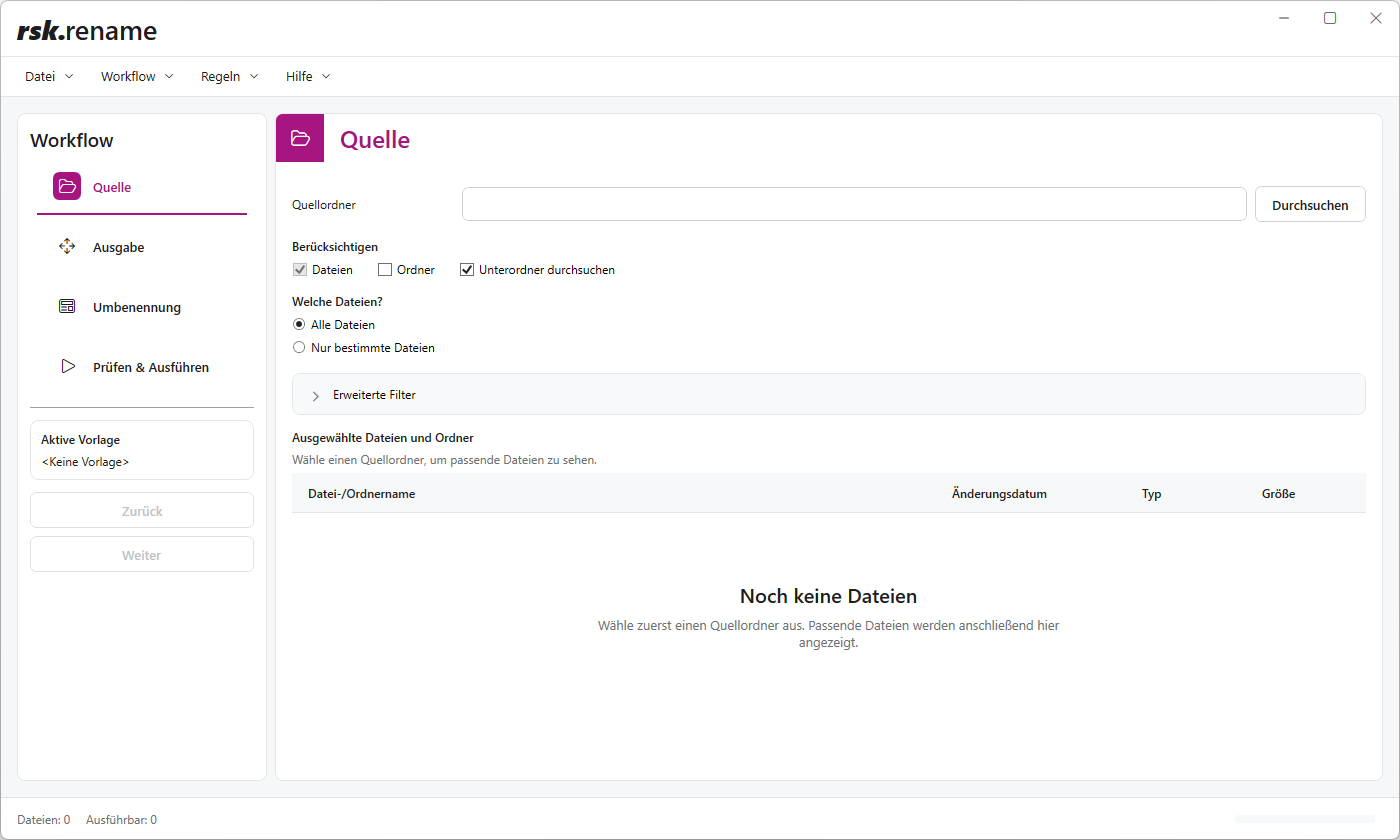 Hauptfenster von rsk.rename 2 mit dem mehrstufigen Datei-Workflow